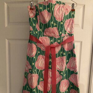 Lilly Pulitzer Women's Towering Tulips Pink Green Strapless Dress Size 8